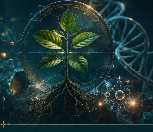Planta científica representando la biotecnología vegetal y la nanotecnología experimental